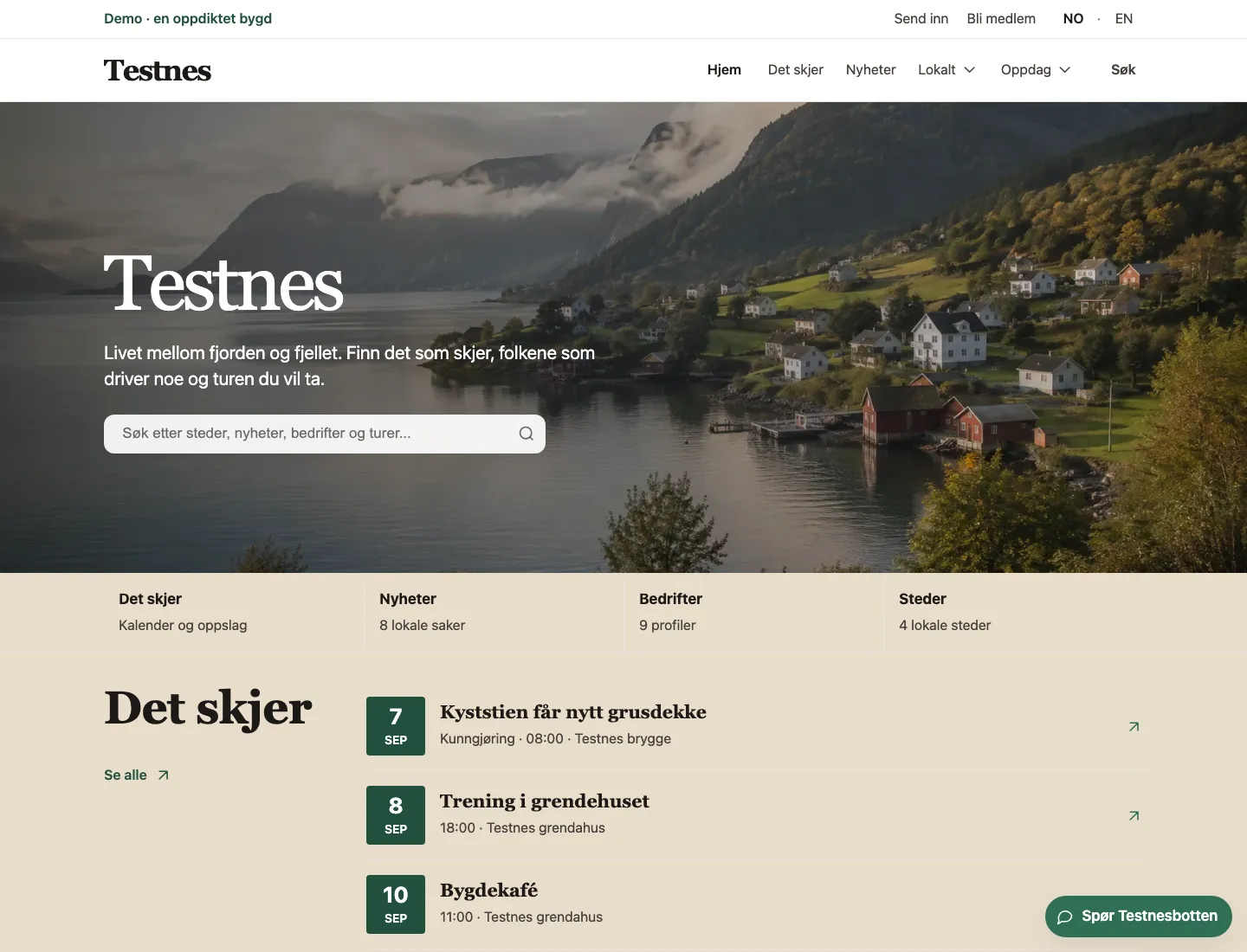 Testnes-demoen med fjordpanorama og kommende arrangementer.